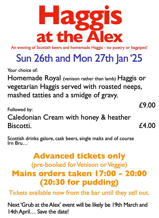 Haggis at the Alex. Sunday 26th and Monday 27th January